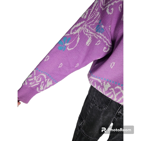 SGS Vintage 90's Ski Lilac & Teal Jaquard Print Crew Neck Woolblend Sweater Sz M - Picture 4 of 6